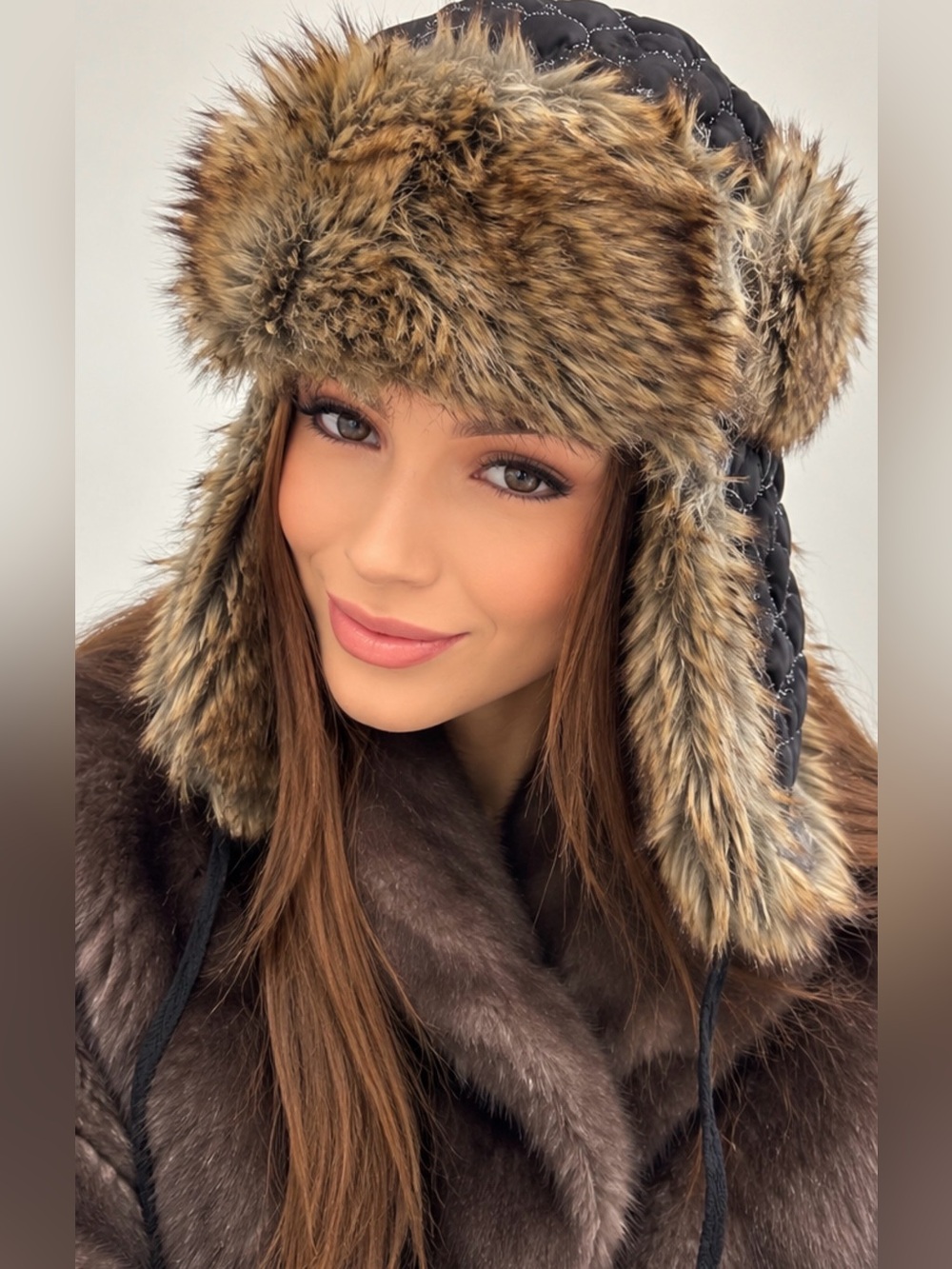 Vintage Brown Fur Trapper Hat Quilted Aviator Ushanka Winter Y2K